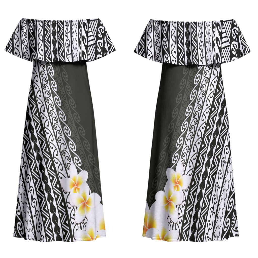 Tahiti Plumeria Tribal Pattern Family Matching Off Shoulder Maxi Dress and Hawaiian Shirt Wave Style Black LT05 Mom's Dress Black - Polynesian Pride