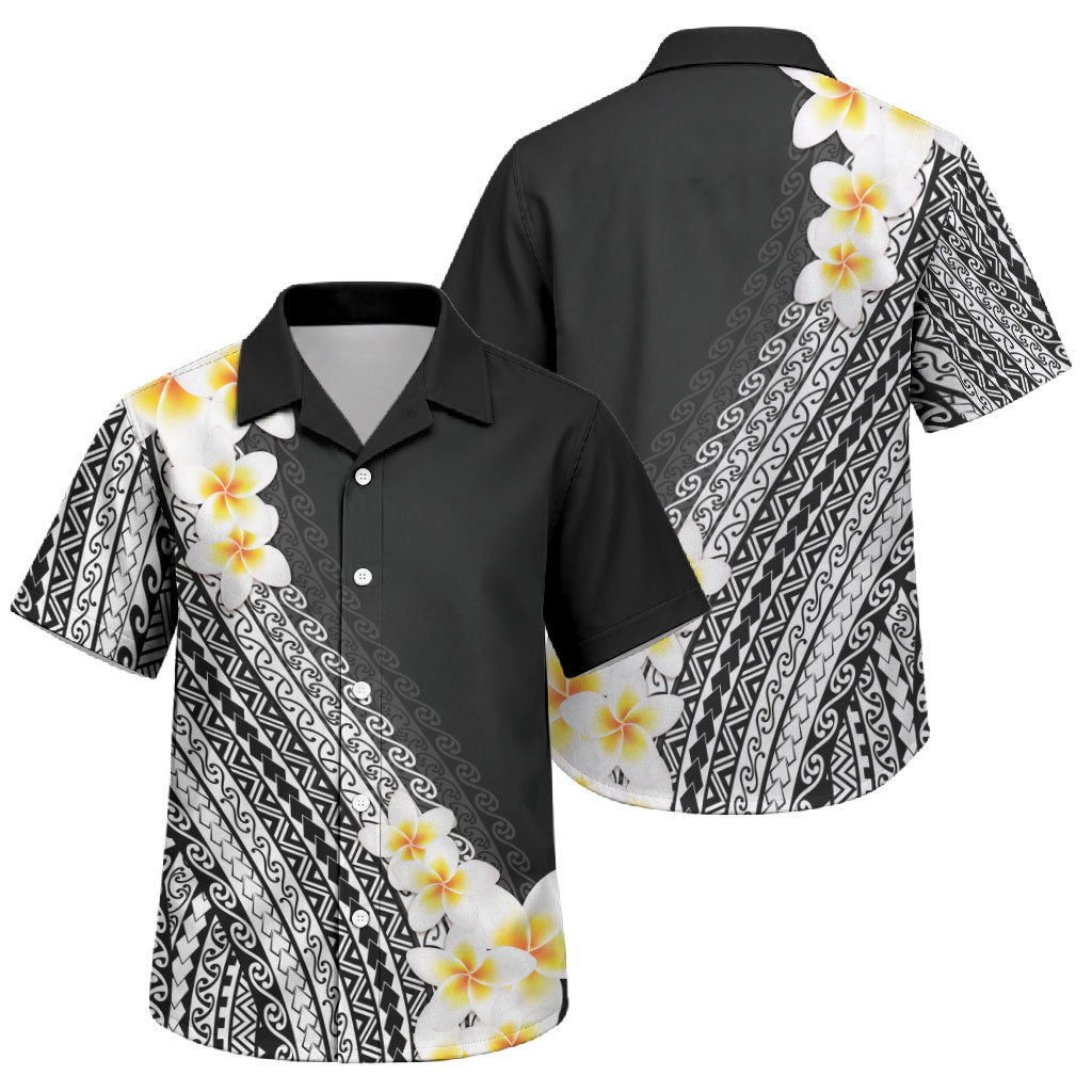 Tahiti Plumeria Tribal Pattern Family Matching Off Shoulder Short Dress and Hawaiian Shirt Wave Style Black LT05 Son's Shirt Black - Polynesian Pride