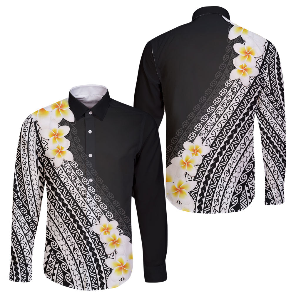 Tahiti Plumeria Tribal Pattern Family Matching Summer Maxi Dress and Hawaiian Shirt Wave Style Black LT05 Dad's Shirt - Long Sleeve Black - Polynesian Pride