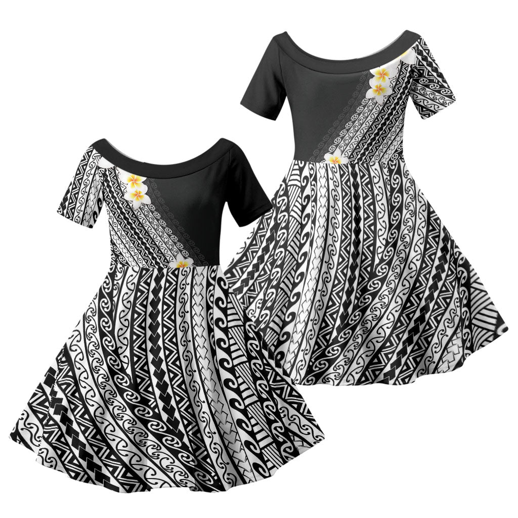 Tahiti Plumeria Tribal Pattern Family Matching Tank Maxi Dress and Hawaiian Shirt Wave Style Black LT05 Daughter's Dress Black - Polynesian Pride