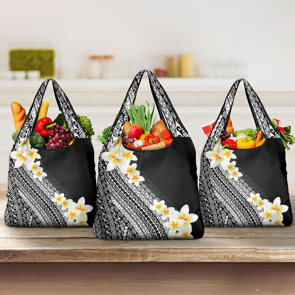 Tahiti Plumeria Tribal Pattern Grocery Bag Wave Style Black LT05 3-pack One Size Black - Polynesian Pride