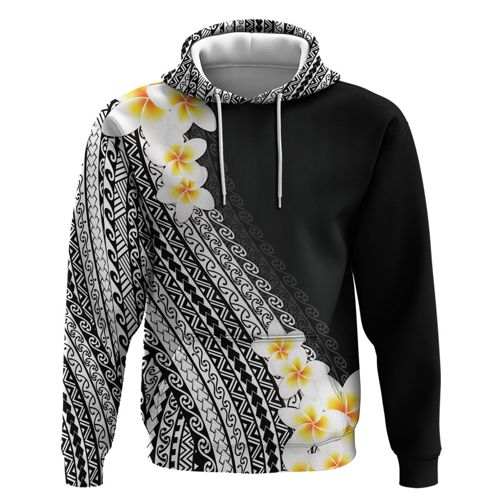 Tahiti Plumeria Tribal Pattern Hoodie Wave Style Black
