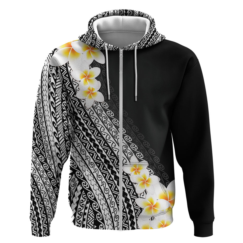 Tahiti Plumeria Tribal Pattern Hoodie Wave Style Black