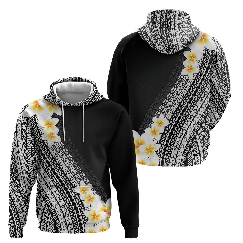 Tahiti Plumeria Tribal Pattern Hoodie Wave Style Black