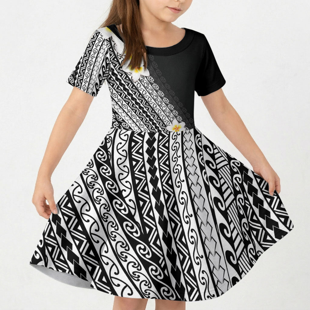 Tahiti Plumeria Tribal Pattern Kid Short Sleeve Dress Wave Style Black