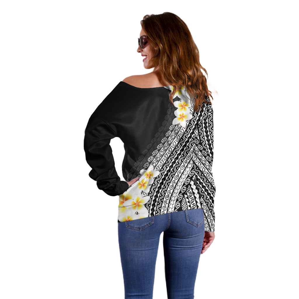 Tahiti Plumeria Tribal Pattern Off Shoulder Sweater Wave Style Black LT05 - Polynesian Pride