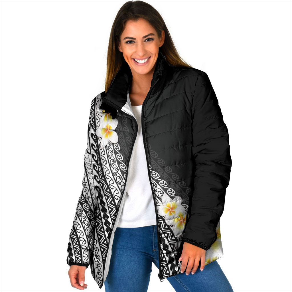 Tahiti Plumeria Tribal Pattern Padded Jacket Wave Style Black LT05 Women Black - Polynesian Pride