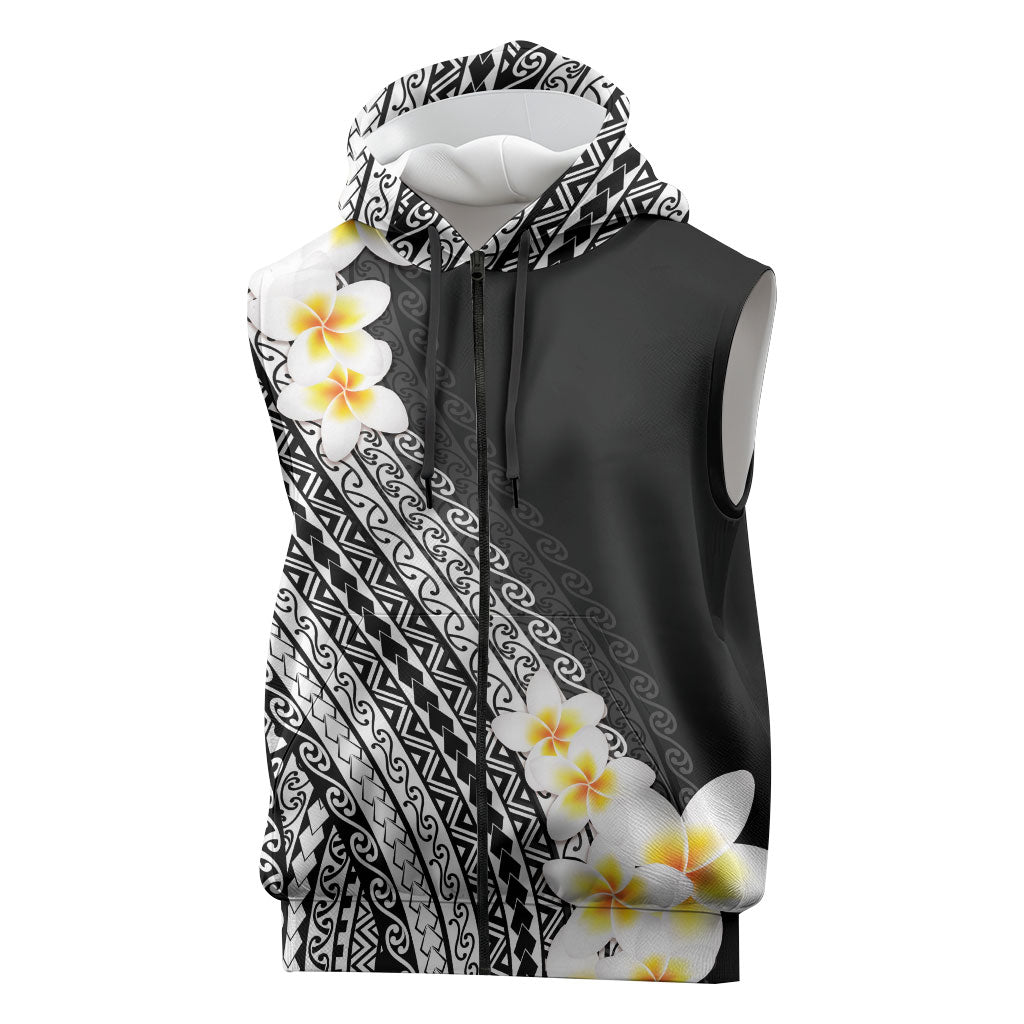 Tahiti Plumeria Tribal Pattern Sleeveless Zip Hoodie Wave Style Black LT05 Black - Polynesian Pride
