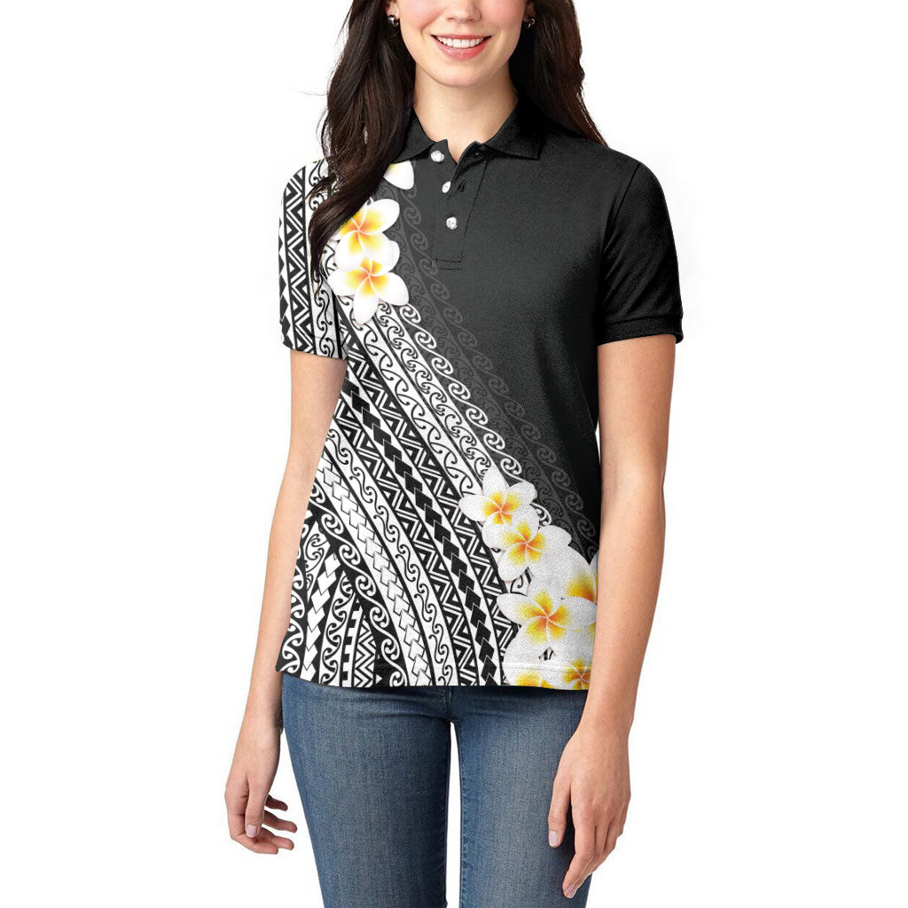 Tahiti Plumeria Tribal Pattern Women Polo Shirt Wave Style Black LT05 - Polynesian Pride