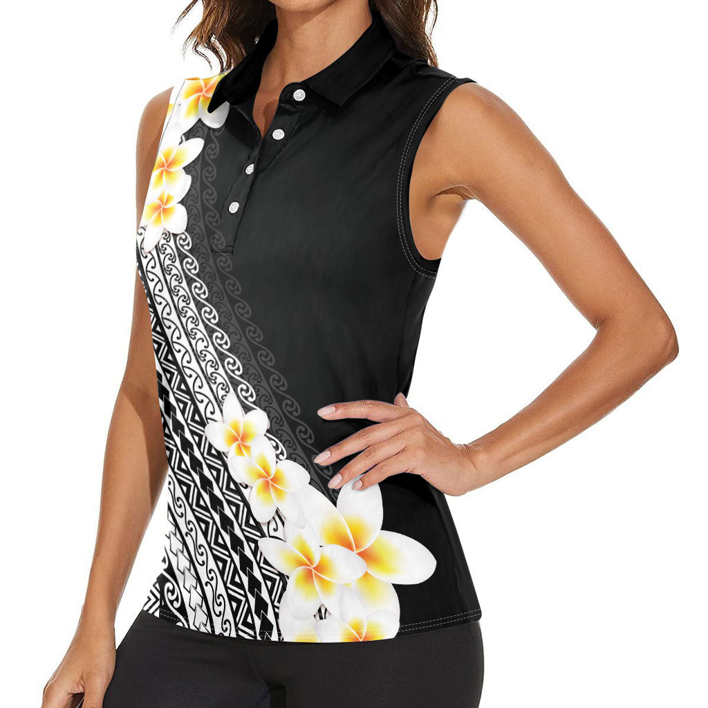 Tahiti Plumeria Tribal Pattern Women Sleeveless Polo Shirt Wave Style Black LT05 - Polynesian Pride