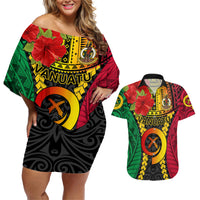 Vanuatu Couples Matching Off Shoulder Short Dress and Hawaiian Shirt Vanuatuan Coat Of Arms Mix Pig Tusk Poynesian Pattern LT05 Reggae - Polynesian Pride