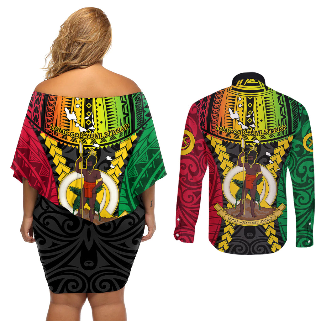 Vanuatu Couples Matching Off Shoulder Short Dress and Long Sleeve Button Shirts Vanuatuan Coat Of Arms Mix Pig Tusk Poynesian Pattern LT05 - Polynesian Pride