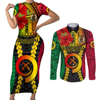 Vanuatu Couples Matching Short Sleeve Bodycon Dress and Long Sleeve Button Shirts Vanuatuan Coat Of Arms Mix Pig Tusk Poynesian Pattern LT05 Reggae - Polynesian Pride