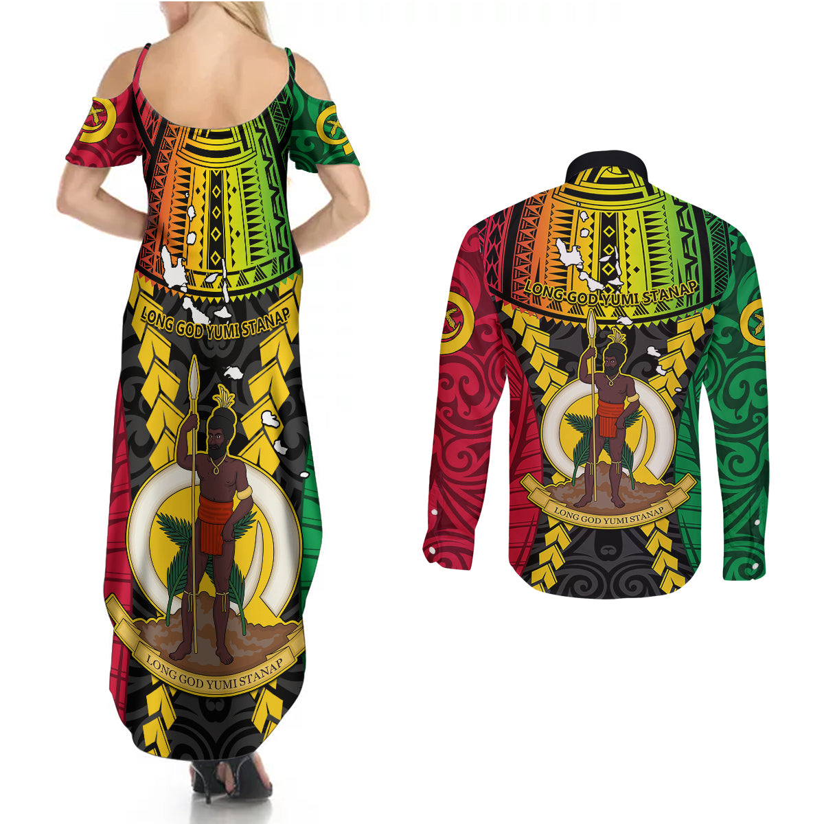 Vanuatu Couples Matching Summer Maxi Dress and Long Sleeve Button Shirts Vanuatuan Coat Of Arms Mix Pig Tusk Poynesian Pattern LT05 - Polynesian Pride