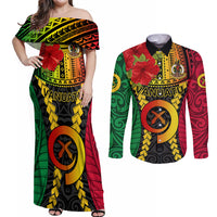 Personalized Vanuatu Couples Matching Off Shoulder Maxi Dress and Long Sleeve Button Shirts Vanuatuan Coat Of Arms Mix Pig Tusk Poynesian Pattern LT05 Reggae - Polynesian Pride