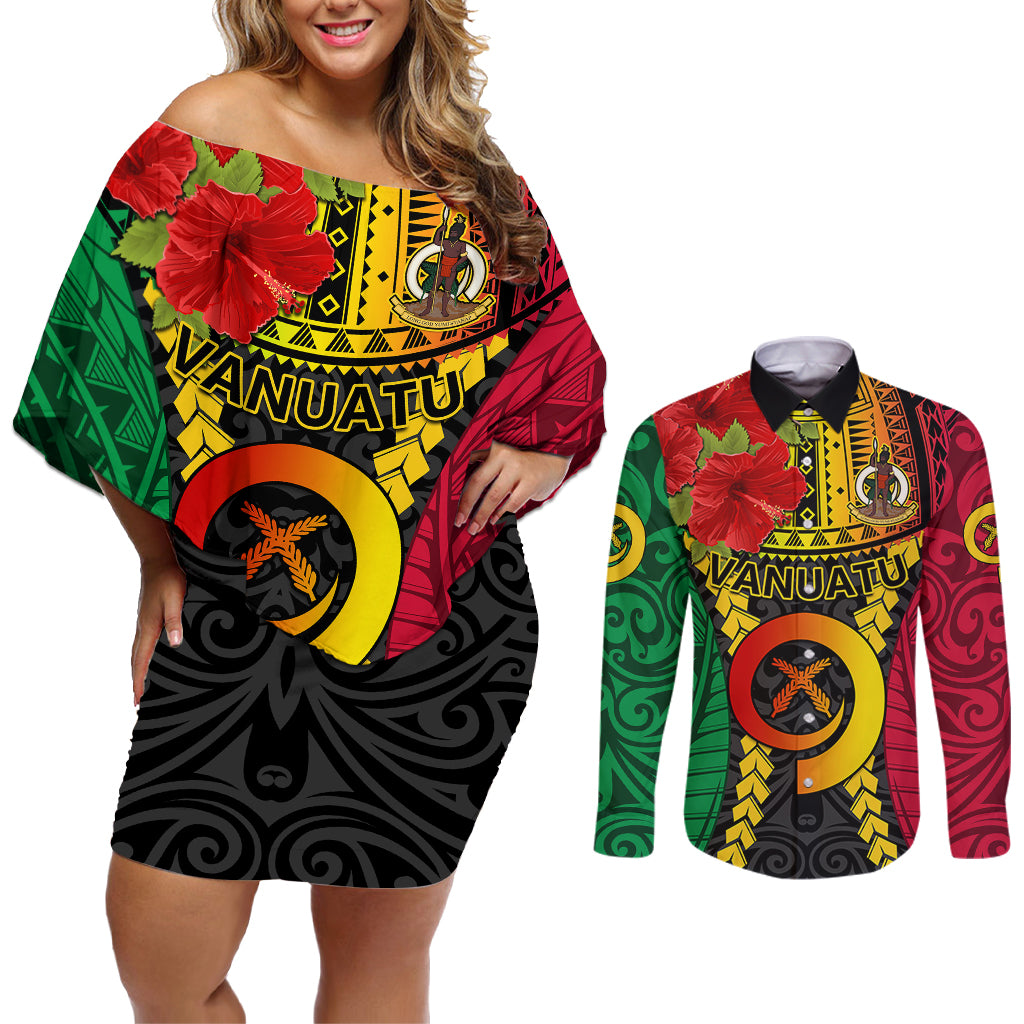 Personalized Vanuatu Couples Matching Off Shoulder Short Dress and Long Sleeve Button Shirts Vanuatuan Coat Of Arms Mix Pig Tusk Poynesian Pattern LT05 Reggae - Polynesian Pride
