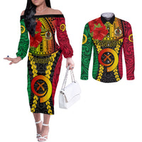 Personalized Vanuatu Couples Matching Off The Shoulder Long Sleeve Dress and Long Sleeve Button Shirts Vanuatuan Coat Of Arms Mix Pig Tusk Poynesian Pattern LT05 Reggae - Polynesian Pride