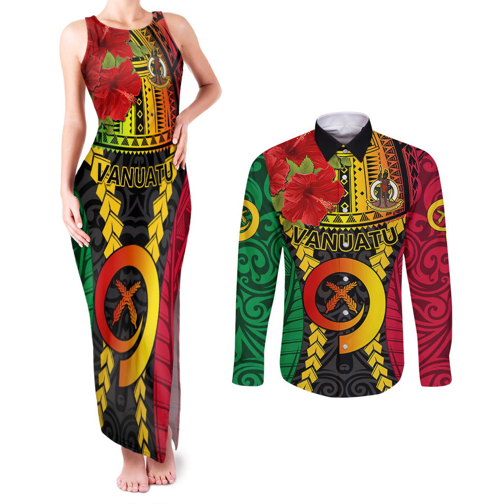 Personalized Vanuatu Couples Matching Tank Maxi Dress and Long Sleeve Button Shirts Vanuatuan Coat Of Arms Mix Pig Tusk Poynesian Pattern LT05 Reggae - Polynesian Pride