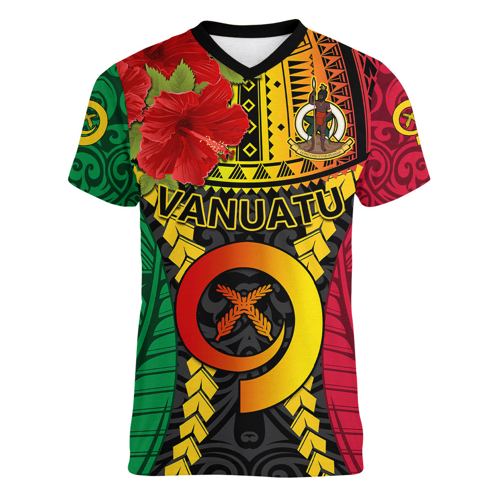 Personalized Vanuatu Women V Neck T Shirt Vanuatuan Coat Of Arms Mix Pig Tusk Poynesian Pattern LT05 Female Reggae - Polynesian Pride