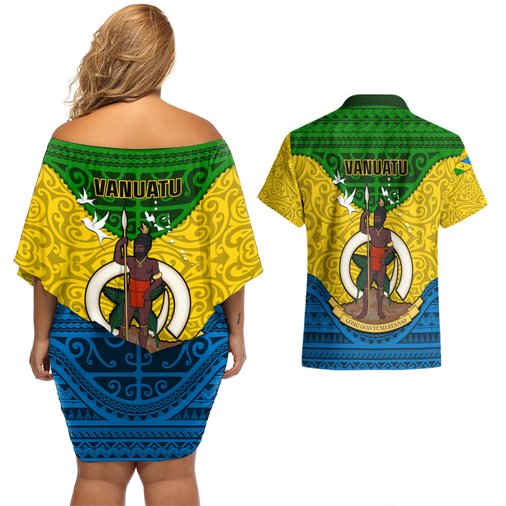 Vanuatu Malampa Province Couples Matching Off Shoulder Short Dress and Hawaiian Shirt Coat Of Arms And Namele Fern Polynesian Pattern LT05 - Polynesian Pride