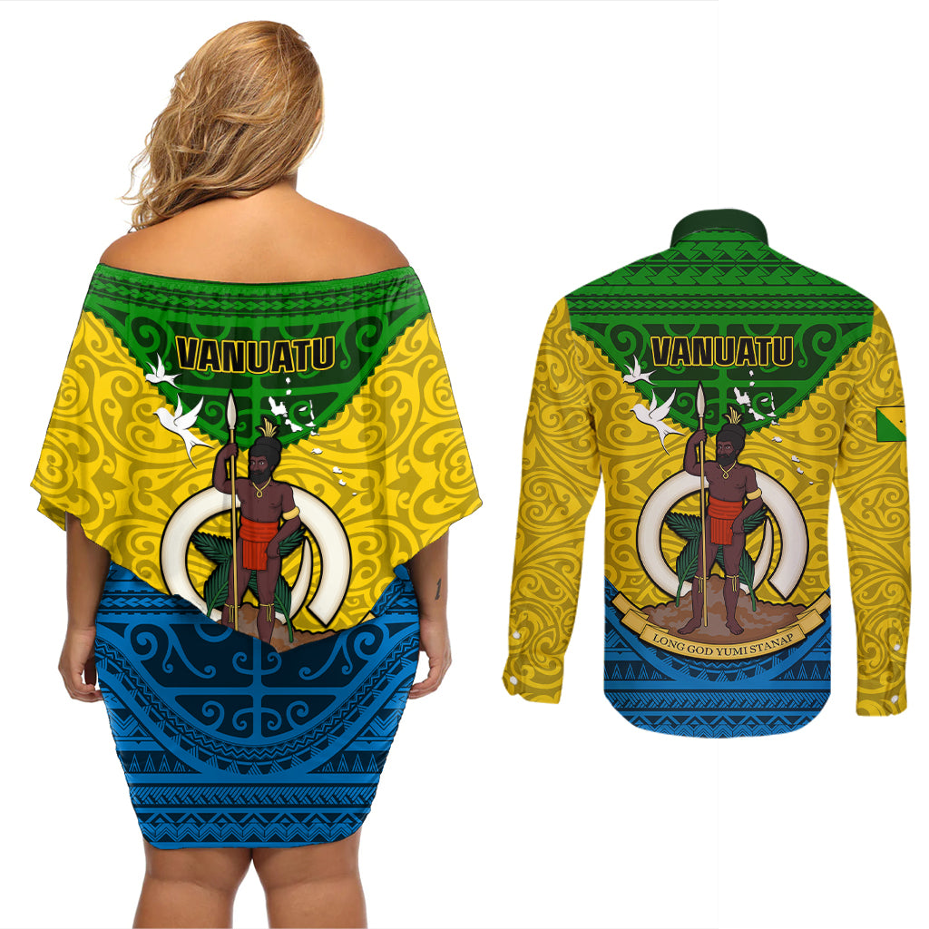 Vanuatu Malampa Province Couples Matching Off Shoulder Short Dress and Long Sleeve Button Shirts Coat Of Arms And Namele Fern Polynesian Pattern LT05 - Polynesian Pride