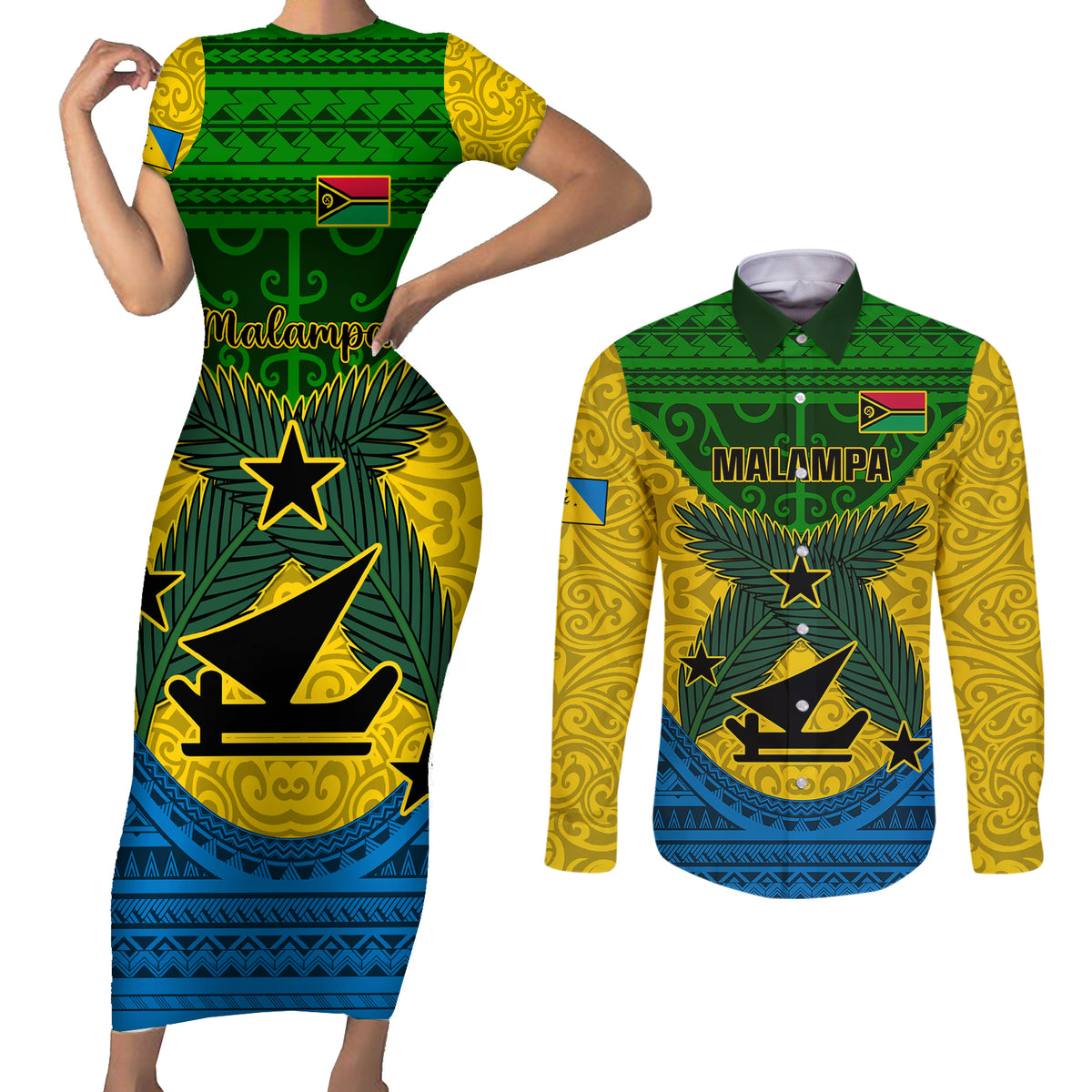 Vanuatu Malampa Province Couples Matching Short Sleeve Bodycon Dress and Long Sleeve Button Shirts Coat Of Arms And Namele Fern Polynesian Pattern LT05 Yellow - Polynesian Pride