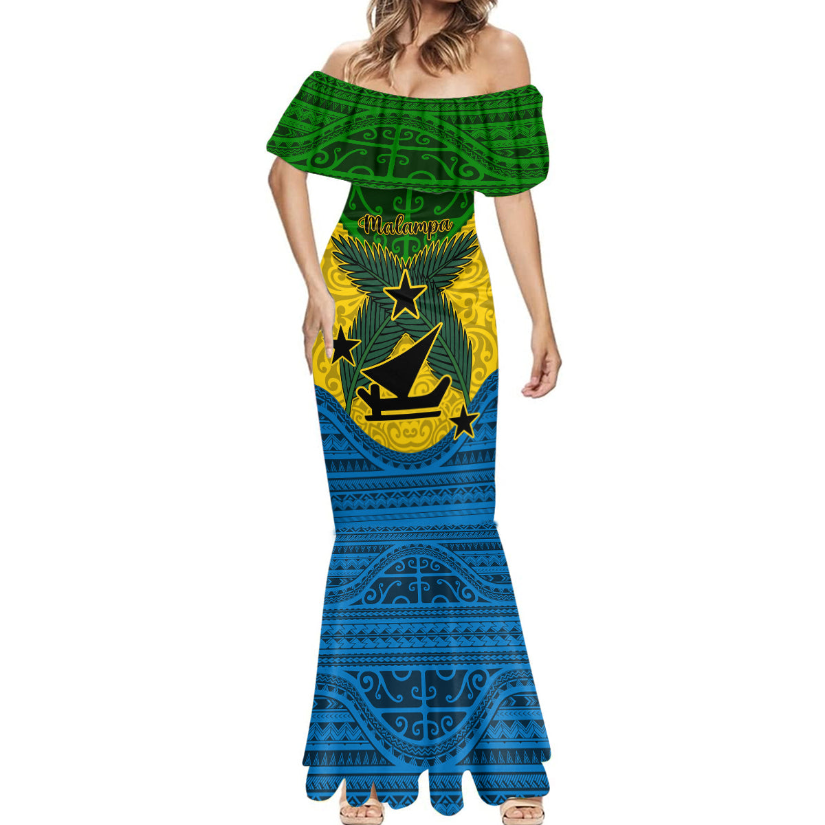 Vanuatu Malampa Province Mermaid Dress Coat Of Arms And Namele Fern Polynesian Pattern LT05 - Polynesian Pride