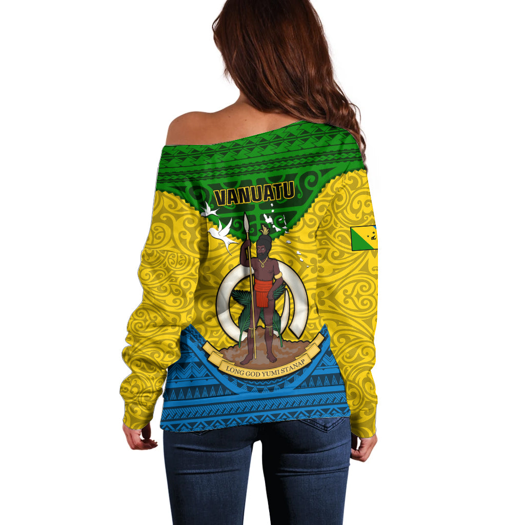 Vanuatu Malampa Province Off Shoulder Sweater Coat Of Arms And Namele Fern Polynesian Pattern LT05 - Polynesian Pride