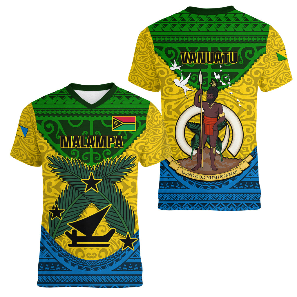 Vanuatu Malampa Province Women V Neck T Shirt Coat Of Arms And Namele Fern Polynesian Pattern LT05 - Polynesian Pride