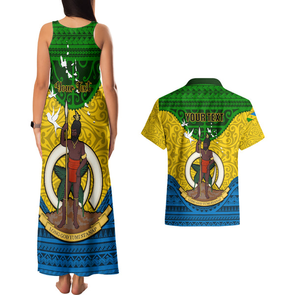 Vanuatu Malampa Province Couples Matching Off Shoulder Short Dress and Long Sleeve Button Shirts Coat Of Arms And Namele Fern Polynesian Pattern LT05