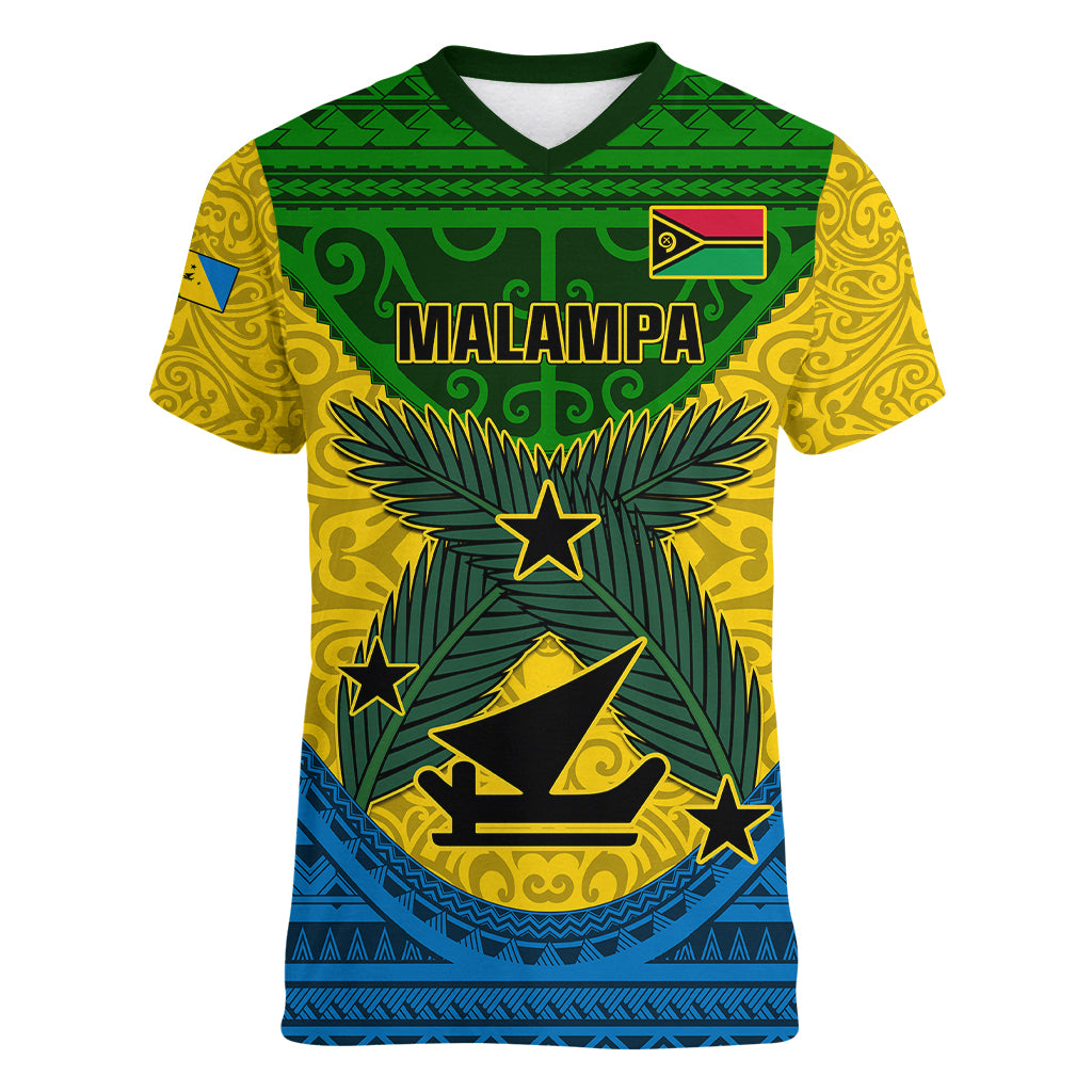 Personalized Vanuatu Malampa Province Women V Neck T Shirt Coat Of Arms And Namele Fern Polynesian Pattern LT05 Female Yellow - Polynesian Pride