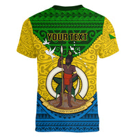 Personalized Vanuatu Malampa Province Women V Neck T Shirt Coat Of Arms And Namele Fern Polynesian Pattern LT05 - Polynesian Pride