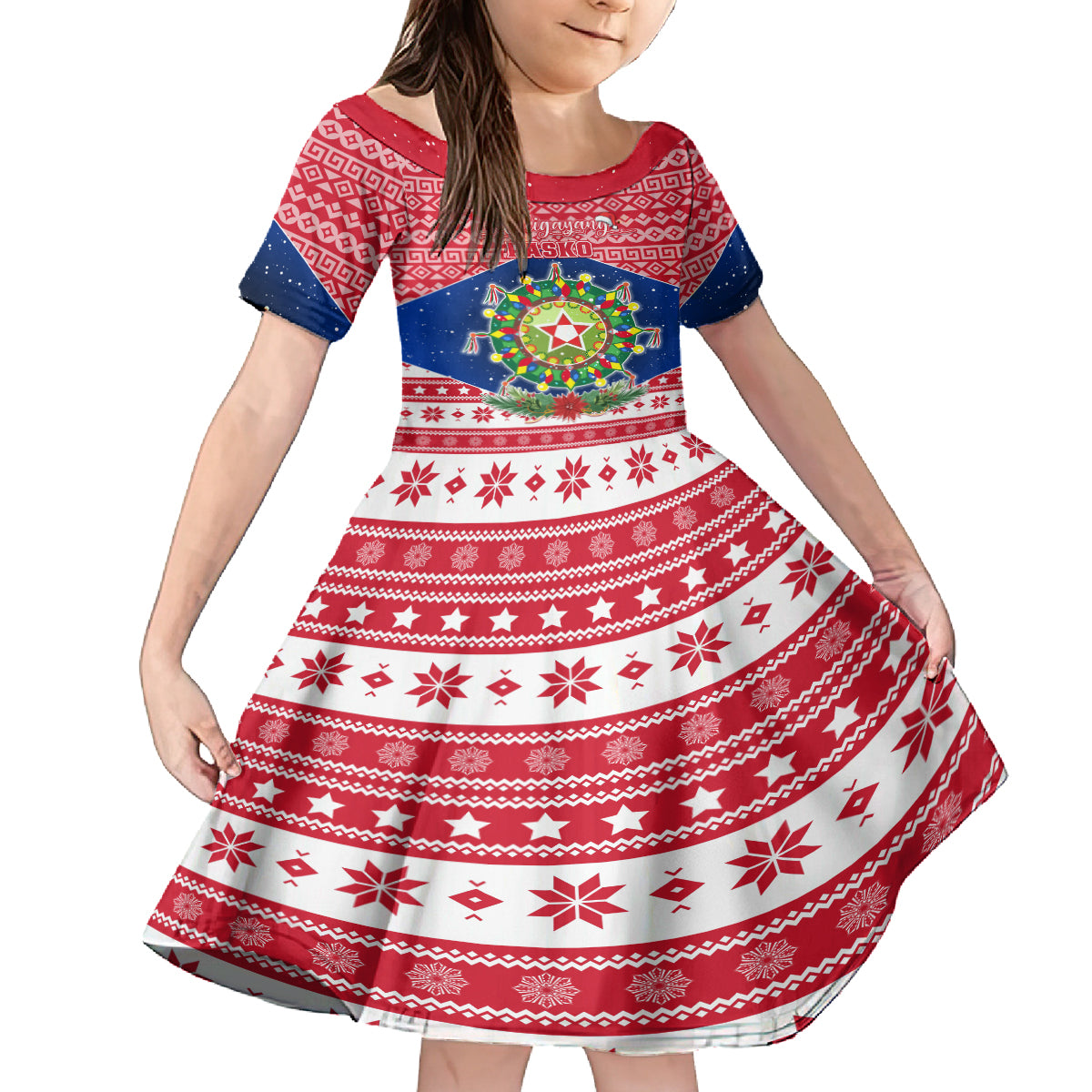 Personalised Philippines Christmas Kid Short Sleeve Dress Filipino Parol Maligayang Pasko LT05 KID Red - Polynesian Pride
