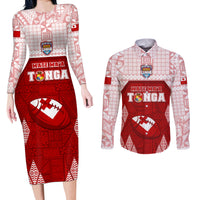 Custom Tonga Rugby Couples Matching Long Sleeve Bodycon Dress and Long Sleeve Button Shirt 2023 Pacific Championships Kupesi Ngatu Mate Maa LT05 Red - Polynesian Pride