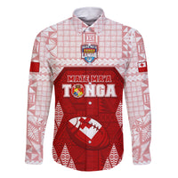 Custom Tonga Rugby Family Matching Off Shoulder Long Sleeve Dress and Hawaiian Shirt 2023 Pacific Championships Kupesi Ngatu Mate Maa LT05 Dad's Shirt - Long Sleeve Red - Polynesian Pride