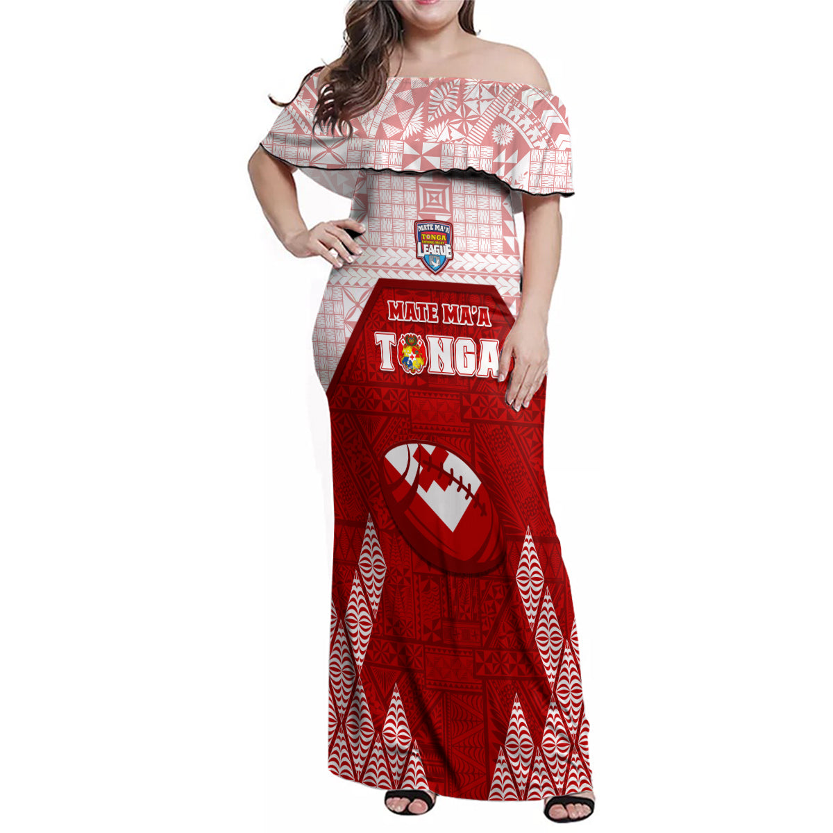 Custom Tonga Rugby Family Matching Off Shoulder Maxi Dress and Hawaiian Shirt 2023 Pacific Championships Kupesi Ngatu Mate Maa LT05 Mom's Dress Red - Polynesian Pride