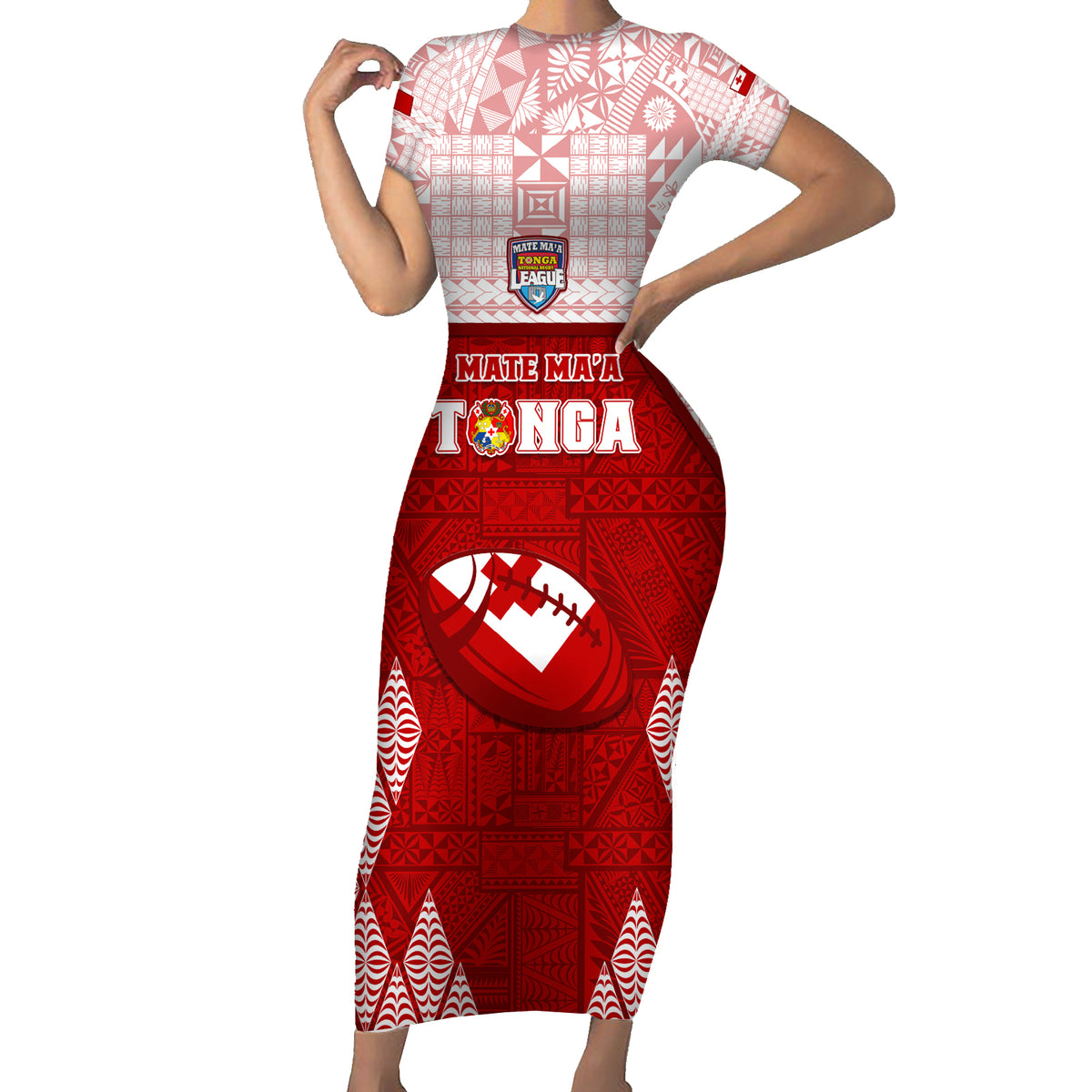 Custom Tonga Rugby Short Sleeve Bodycon Dress 2023 Pacific Championships Kupesi Ngatu Mate Maa LT05 Long Dress Red - Polynesian Pride