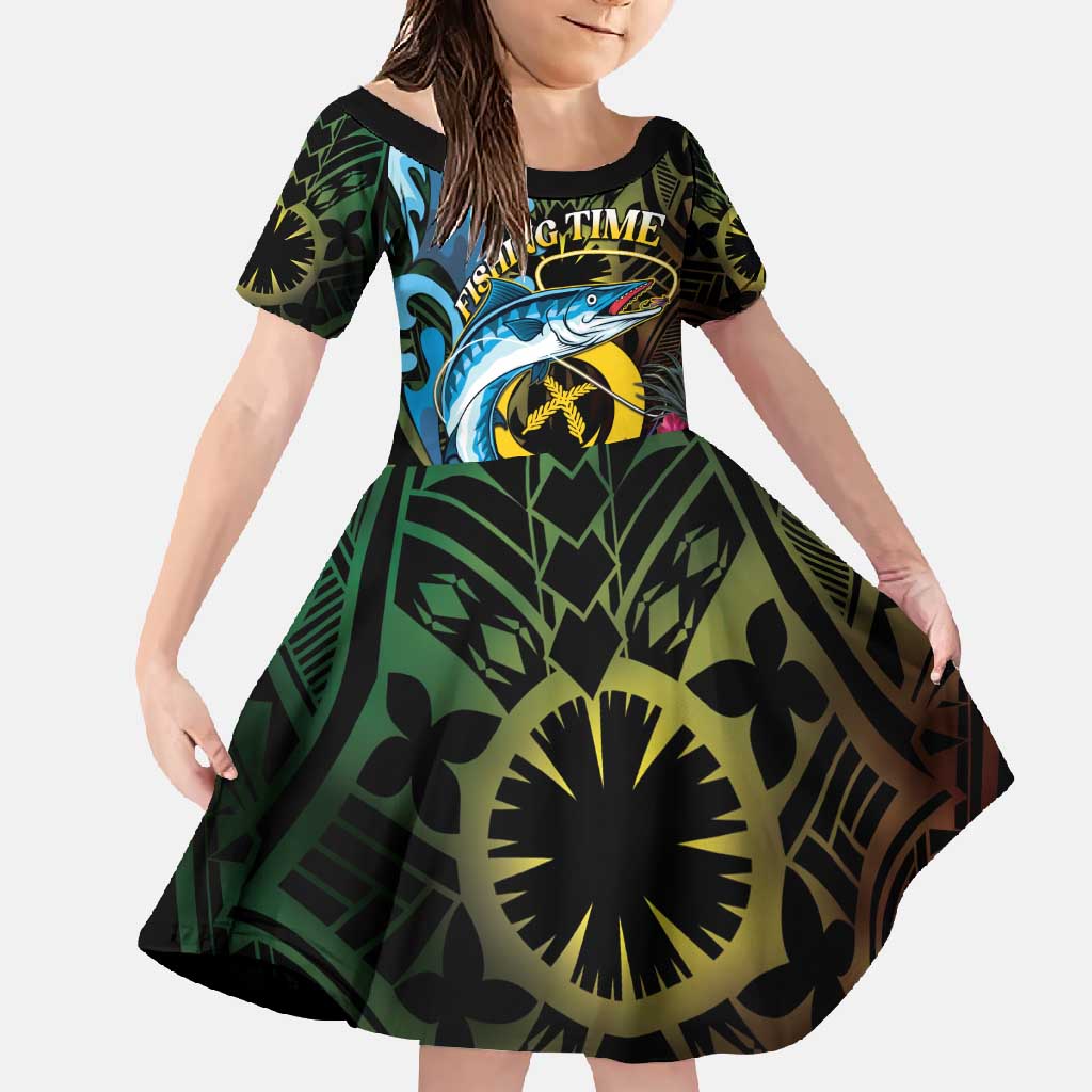 Vanuatu Fishing Family Matching Off Shoulder Maxi Dress and Hawaiian Shirt It's Time To Fish LT05 Daughter's Dress Black - Polynesian Pride
