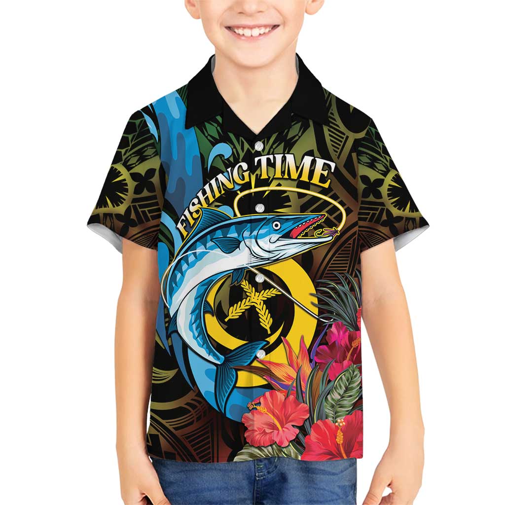 Vanuatu Fishing Family Matching Off Shoulder Short Dress and Hawaiian Shirt It's Time To Fish LT05 Son's Shirt Black - Polynesian Pride