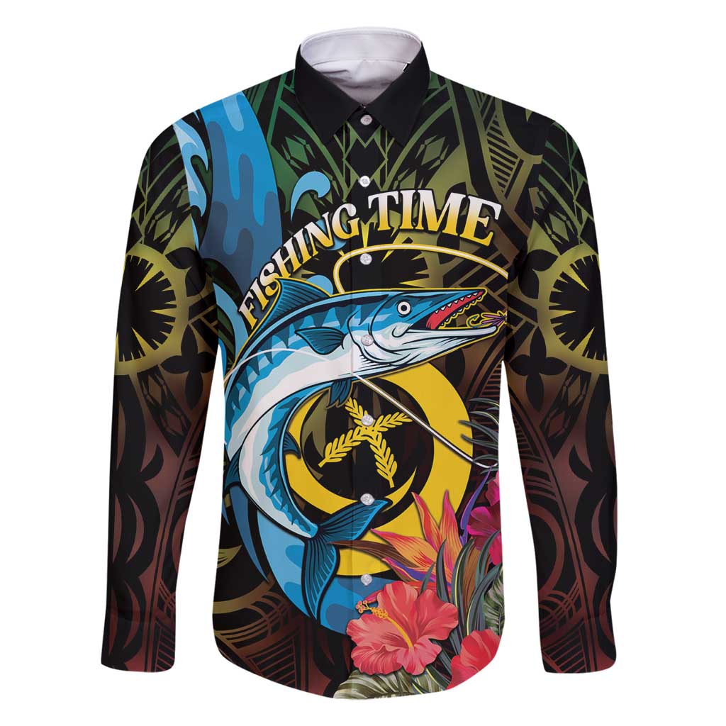 Vanuatu Fishing Family Matching Tank Maxi Dress and Hawaiian Shirt It's Time To Fish LT05 Dad's Shirt - Long Sleeve Black - Polynesian Pride