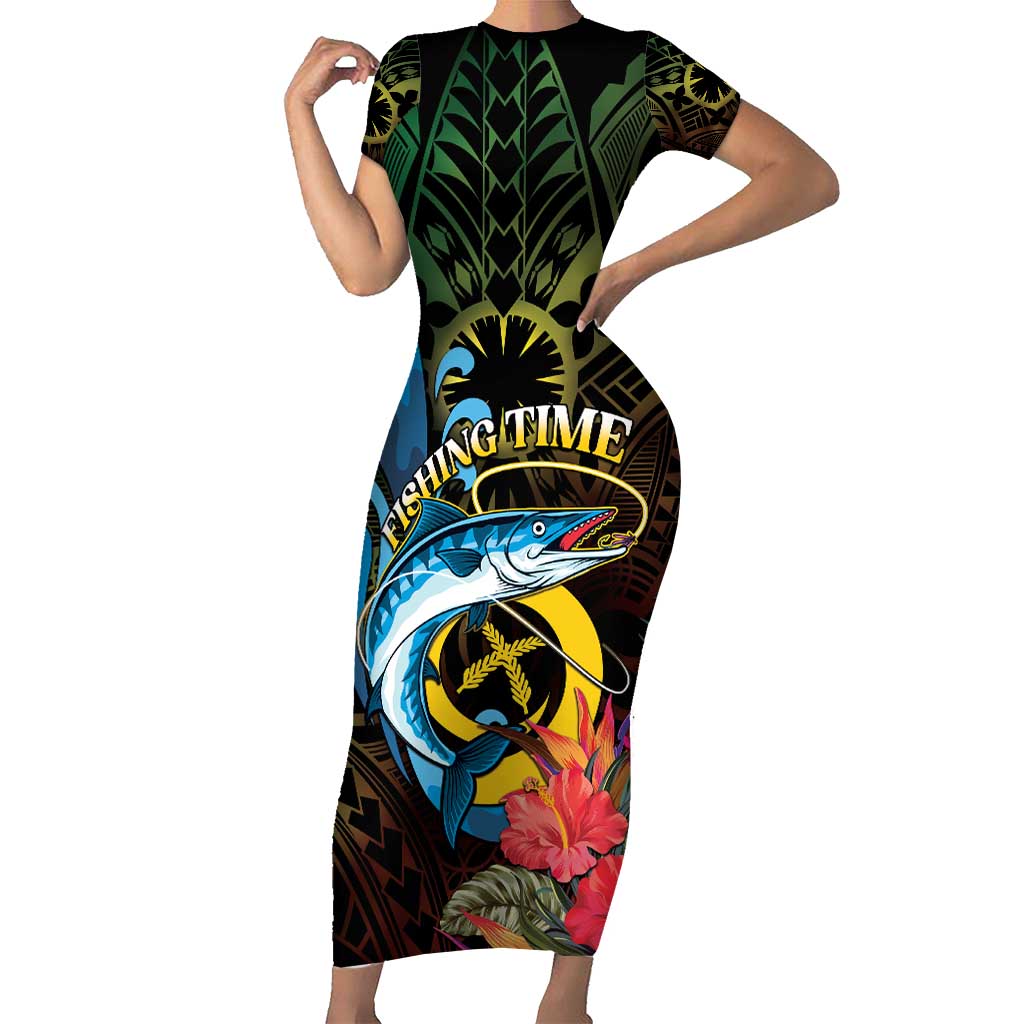 Vanuatu Fishing Short Sleeve Bodycon Dress It's Time To Fish LT05 Long Dress Black - Polynesian Pride