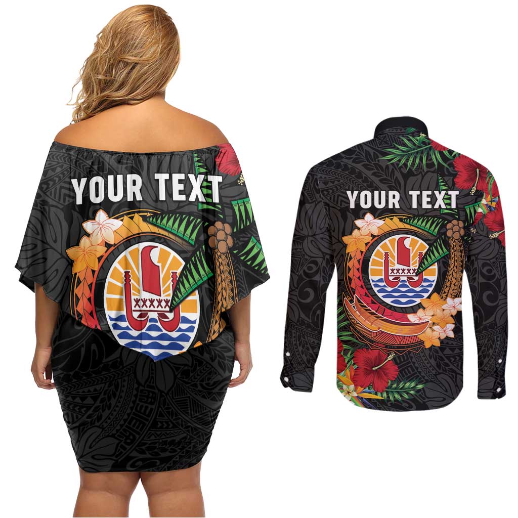 Personalised French Polynesia Outrigger Canoe Race Couples Matching Off Shoulder Short Dress and Long Sleeve Button Shirt Tropical Vibe