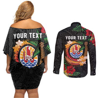 Personalised French Polynesia Outrigger Canoe Race Couples Matching Off Shoulder Short Dress and Long Sleeve Button Shirt Tropical Vibe