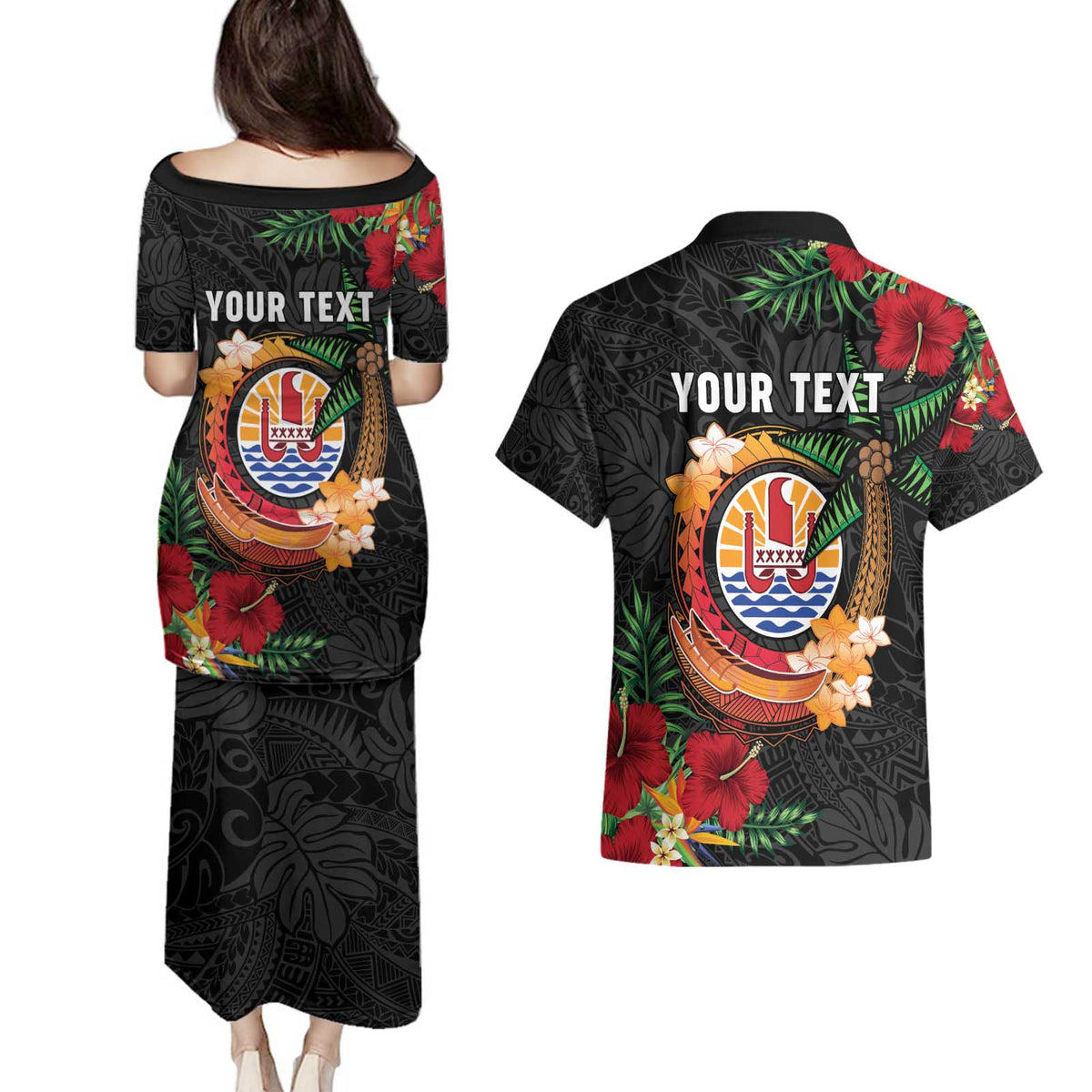 Personalised French Polynesia Outrigger Canoe Race Couples Matching Puletasi and Hawaiian Shirt Tropical Vibe