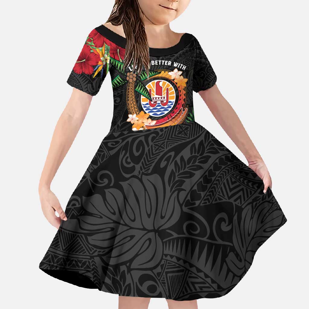 Personalised French Polynesia Outrigger Canoe Race Family Matching Mermaid Dress and Hawaiian Shirt Tropical Vibe LT05 Daughter's Dress Black - Polynesian Pride