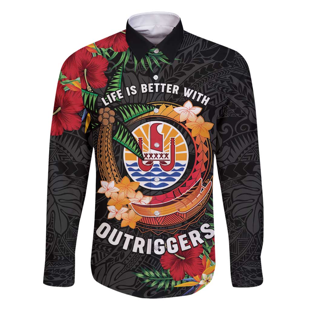 Personalised French Polynesia Outrigger Canoe Race Family Matching Mermaid Dress and Hawaiian Shirt Tropical Vibe LT05 Dad's Shirt - Long Sleeve Black - Polynesian Pride