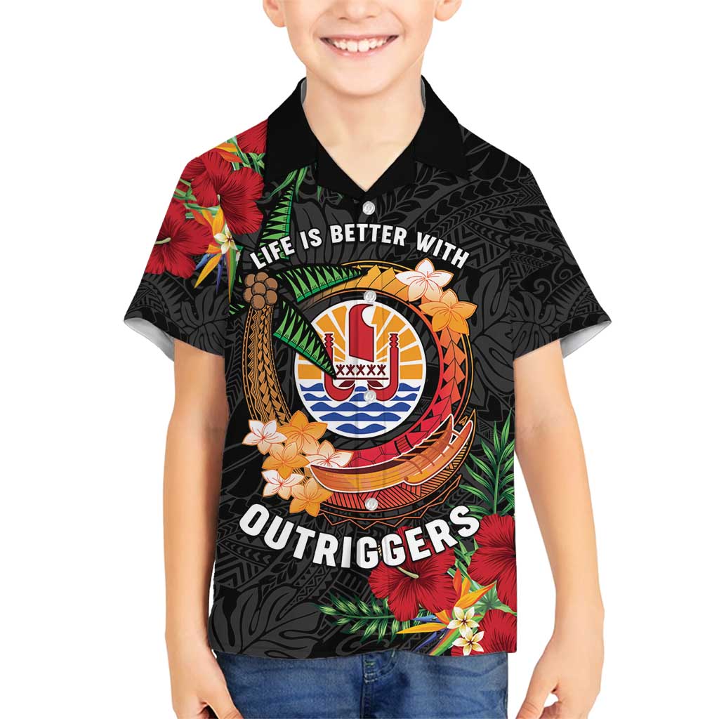 Personalised French Polynesia Outrigger Canoe Race Family Matching Summer Maxi Dress and Hawaiian Shirt Tropical Vibe LT05 Son's Shirt Black - Polynesian Pride