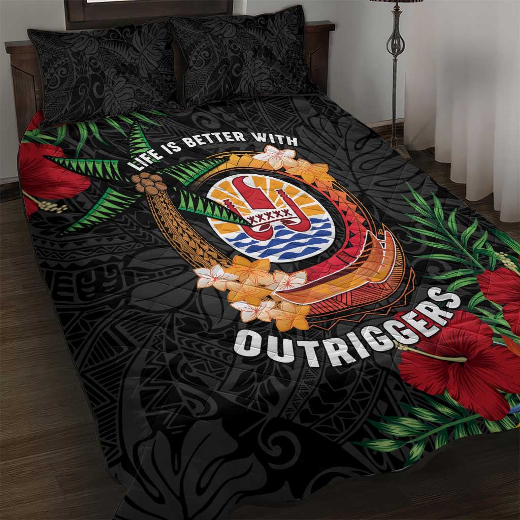 French Polynesia Outrigger Canoe Race Quilt Bed Set Tropical Vibe