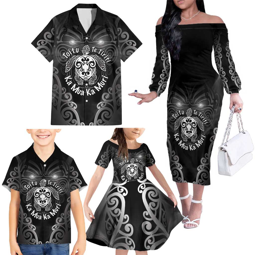 Aotearoa Toitu Te Tiriti Family Matching Off The Shoulder Long Sleeve Dress and Hawaiian Shirt Ka Mua Ka Muri