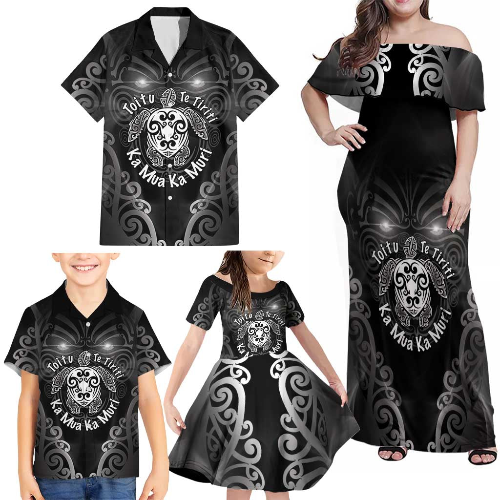 Aotearoa Toitu Te Tiriti Family Matching Off Shoulder Maxi Dress and Hawaiian Shirt Ka Mua Ka Muri